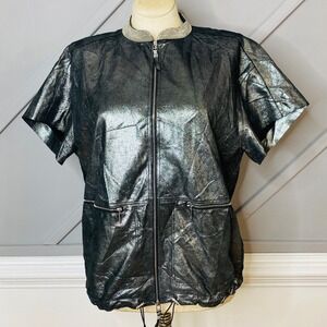 Lafayette 148 Jacket Women's Moto Silver Treated Leather Zip‎ Up Sise L